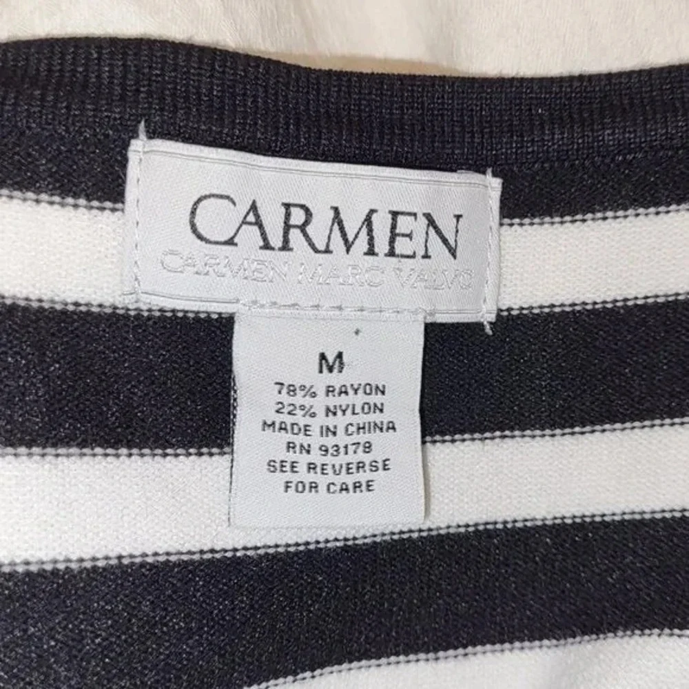Carmen Marc Valvo Womens Cold Shoulder Striped Knit Top Black White Size M - Picture 6 of 8